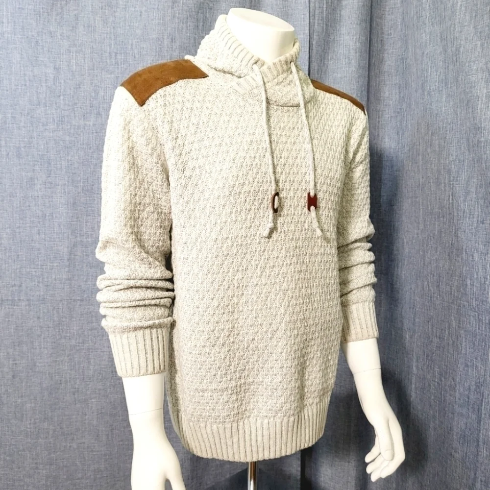 X-RAY Shawl Collar Pullover Sweater Faux Suede Shoulder Patches Oatmeal Men's M